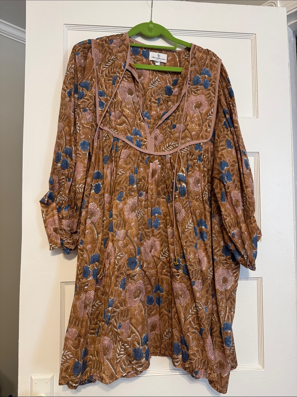 Boho Floral Tunic Dress in Brown with Blue & Pink Flowers
